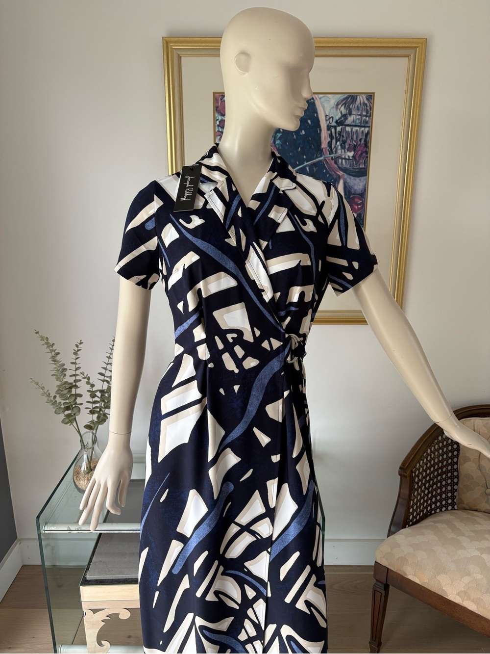 Joseph Ribkoff Wrap-Style Navy and White Print Dress